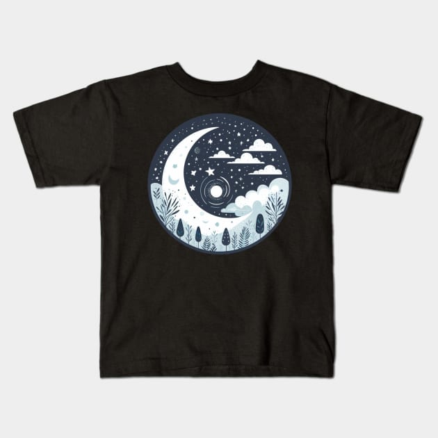 Whimsical Moonlit Night Circular Scene - Enchanting Night Sky with Stars and Clouds Kids T-Shirt by CreativeArtss